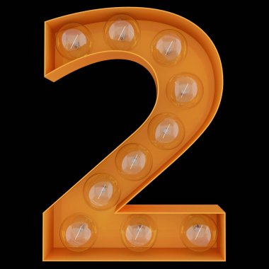 Ampul basamak alfabe karakteri 2 2 yazı. Önden Görünüm ışıklı sayı 1 sembol siyah arka plan üzerine. 3D render illüstrasyon