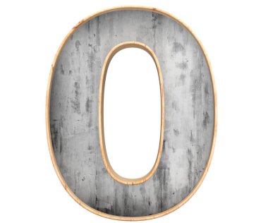 3D render beton numarası 0 sıfır ahşap kenarlıklı, beyaz arka plan üzerinde izole. Resimler ve simgeler. Kırık yüzey. Dokulu malzemeler. Çimento nesne.