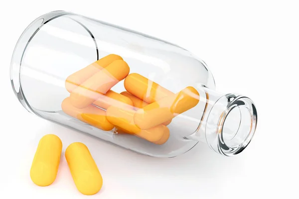 Oranžové tablety kapsle tablety wth transparentní skleněná láhev upustil izolovaných na bílém pozadí. 3D vykreslování obrázku — Stock fotografie