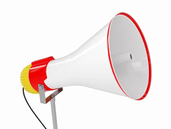 Corno di bue rosso e bianco megafono discorso pubblico isolato su sfondo bianco. Illustrazione resa 3D . — Foto Stock