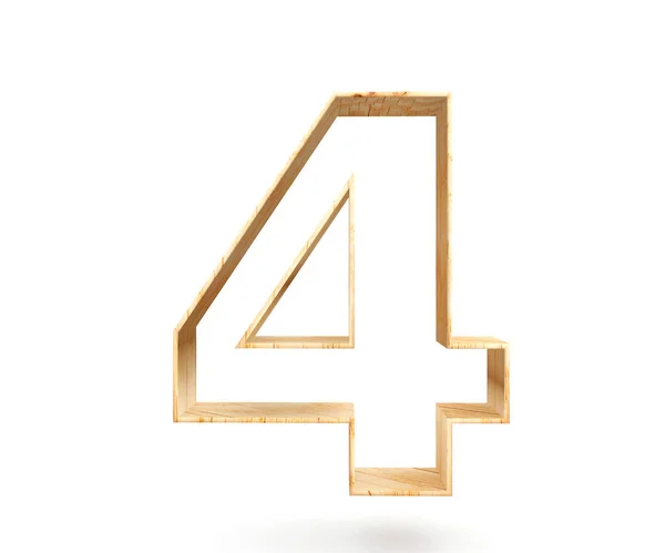 Dekorativní dřevěné abecedy číslice čtyři symbol - 4. 3D vykreslování obrázku. Izolované na bílém pozadí — Stock fotografie