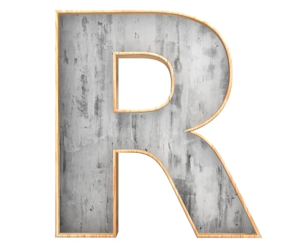 3d. 带有木制边框字母的装饰混凝土, 大写字母 R — 图库照片