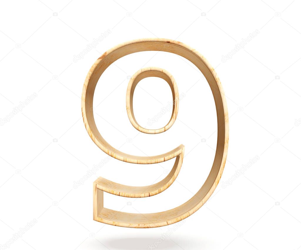 Decorative wooden alphabet digit nine symbol - 1. 3d rendering illustration. Isolated on white background