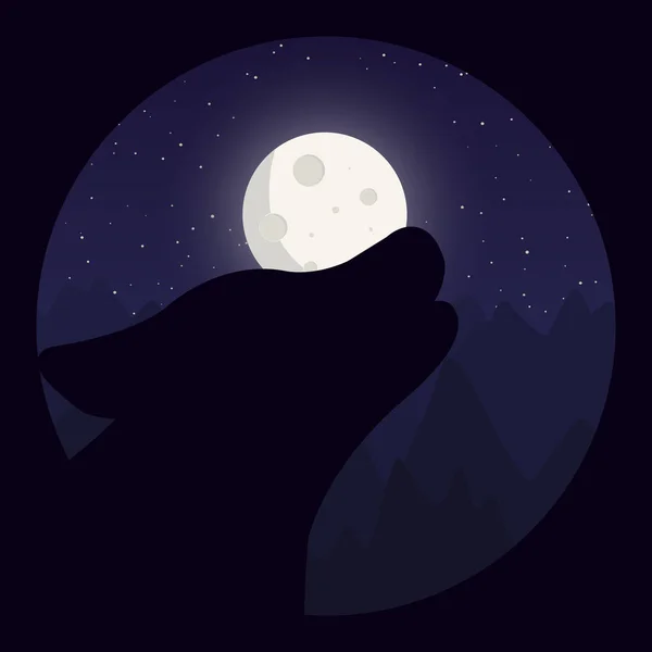 Paysage Nocturne Avec Icône Loup Dans Style Plat — Image vectorielle