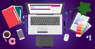 Düz tasarım vektör çizim modern yaratıcı ofis çalışma alanı, bir tasarımcının çalışma alanı.