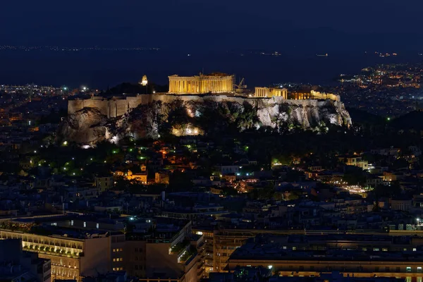 Athen Griechenland, Nachtansicht des Parthenontempels — Stockfoto