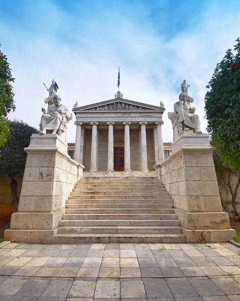 Athènes Grèce Académie Nationale Avec Apollon Athéna Platon Socrate Statues — Photo