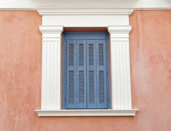 Light Blue Shutters Window White Frame — Stock Photo, Image