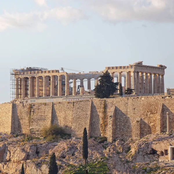 Luz Puesta Del Sol Templo Antiguo Parthenon Acropolis Atenas Grecia — Foto de Stock