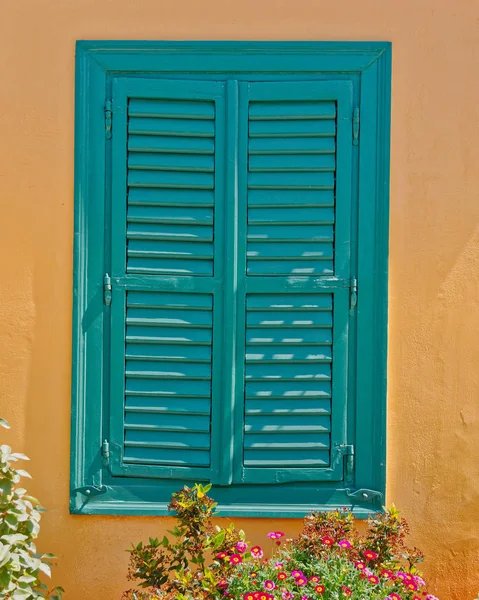 Vibrant Green Window Shutters Ocher Wall Some Flowers — Stock Photo, Image