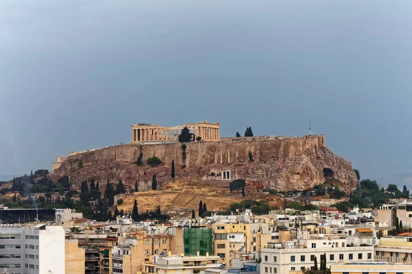 Giornata Piovosa Atene Grecia Partenone Antico Tempio Sulla Collina Dell — Foto Stock