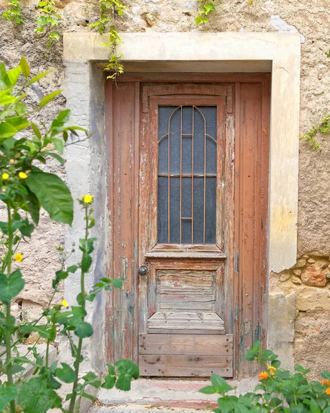 Old House Entrance Weathered Wood Door Athén Görögország — Stock Fotó