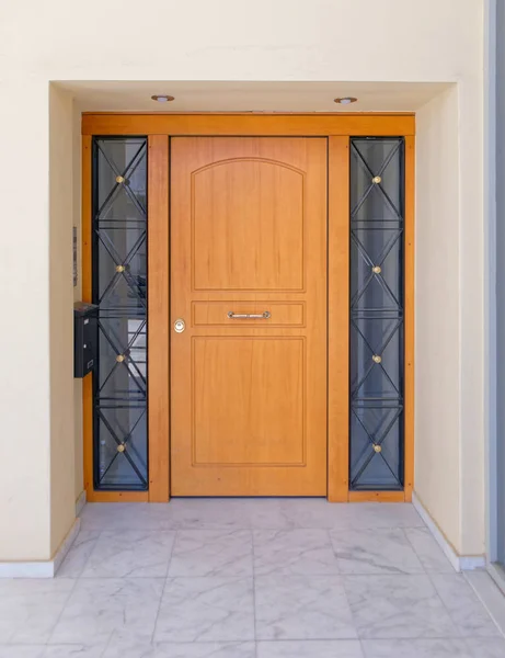 Contemporary House Entrance Brown Wooden Door Athens Greece — Stock Photo, Image