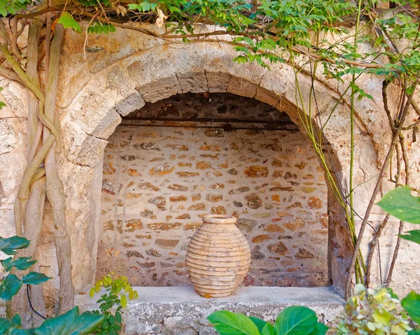 Greece Arch Ceramic Jar Old Stone House Crete Island — Stock Photo, Image