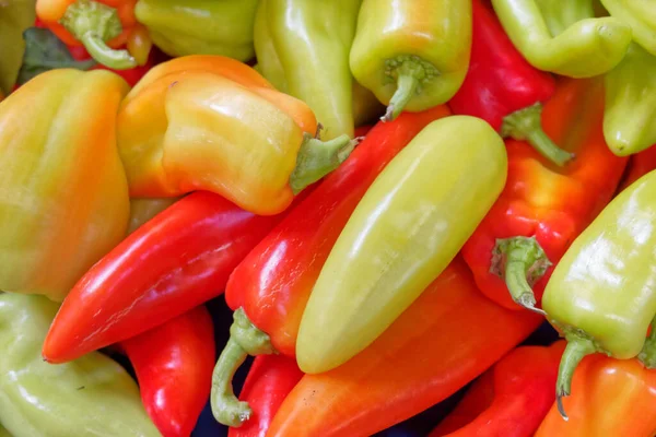 Green Reddish Horn Peppers Close Top View Colorful Vegetarian Background — Stock Photo, Image