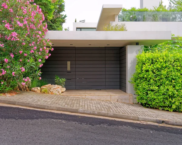 Moderne Luxe Huis Entree Met Donkerbruine Houten Deur Planten Bloemen — Stockfoto