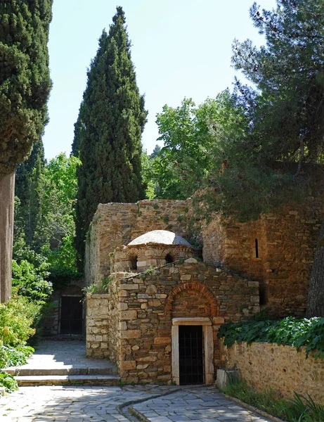 Athens Greece Kaisariani Monastery Small Chapel Cypress Tree — Stock Photo, Image