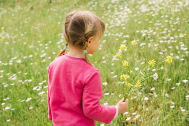 Çiçek toplayan küçük sarışın kız.