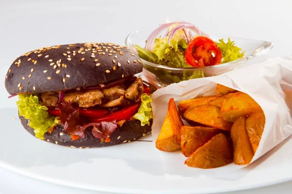 Hamburger Sandwich Fried Potatoes Fresh Salad Served Restaurant White Background — Stock Photo, Image