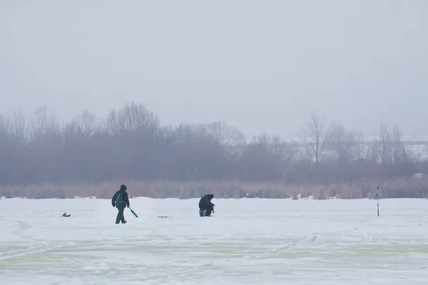 fishermen figures on little, natural, frozen winter lake, covered with snow, fishing rod and ice auger in hands, fisherman in warm clothes sitting on a box near a bank with last year\'s cane, winter fishing hobby leisure time image