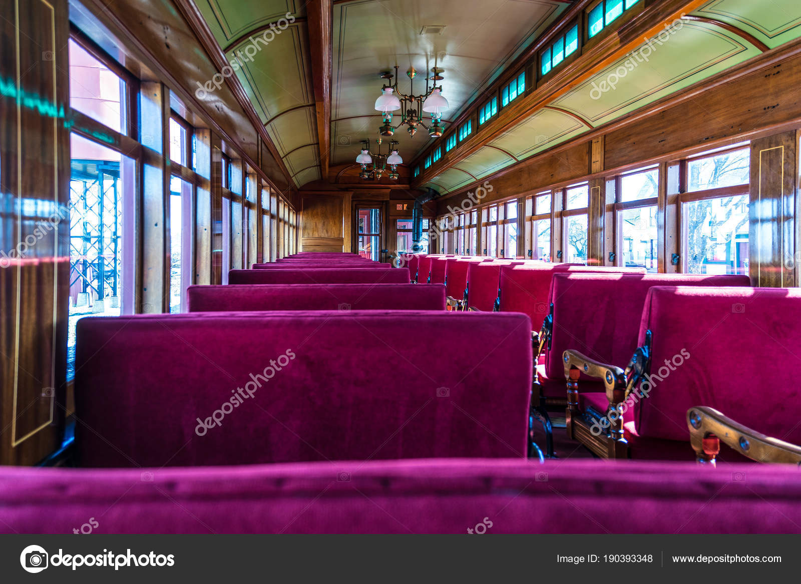 Antique Passenger Car Interior With Red Louver Seats Stock