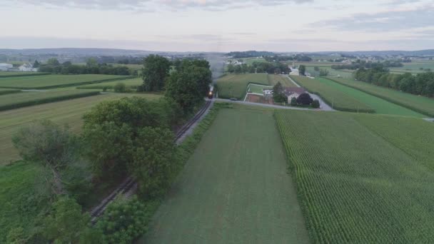 Aerial View Approaching Steam Passenger Train Amish Countryside Summer Day — Stock Video