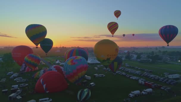 在一个阳光明媚的夏日 在日出的热气球节早晨发射热气球的空中景观 就像一个鼓手看到的那样 — 图库视频影像