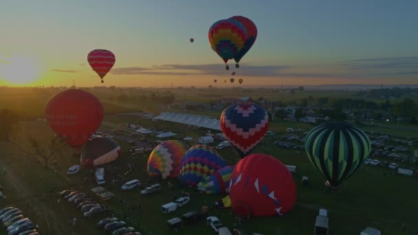 Aerial View Morning Launch Hot Air Balloons Balloon Festival Filling — Stock Video