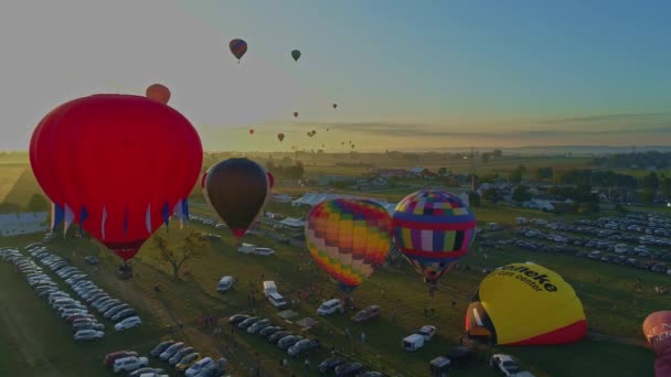 Aerial View Morning Launch Hot Air Balloons Balloon Festival Filling — Stock Video