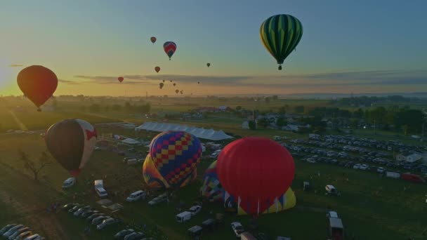 Luftaufnahme Eines Morgendlichen Starts Von Heißluftballons Bei Einem Ballonfestival Vom — Stockvideo