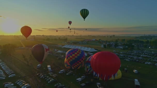Flygfoto Morgonuppskjutning Varmluftsballonger Ballongfestival Från Att Fylla Upp Till Start — Stockvideo