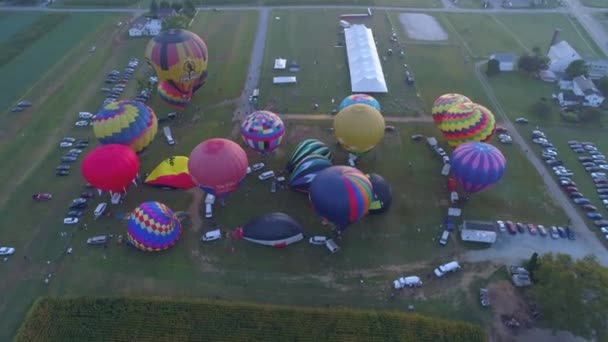 2019年9月 宾夕法尼亚 一只手拿着的小鸟 在气球节早晨发射热气球的空中景观 — 图库视频影像