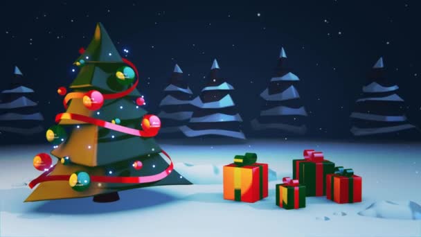 Animation eines Baumes und Geschenke, die frohe Weihnachten sagen