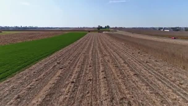 Drone Flight Agricultural Fields Wheat Fields Being Harvested Blue Skies — Stock Video