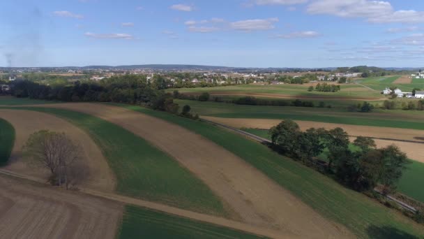 Vedere Aeriană Zonelor Rurale Agricole Tren Drept Drum Care Trece — Videoclip de stoc