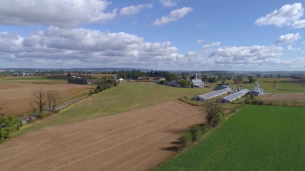 Aerial View Farm Countryside Train Right Way Going Sunny Partly — Stock Video