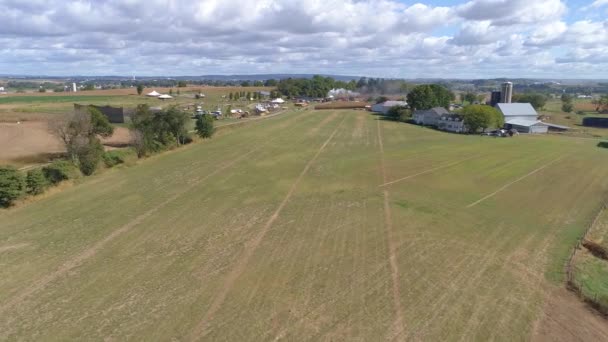 Aerial View Farm Countryside Antique Steam Train Approaching Sunny Partly — Stock Video