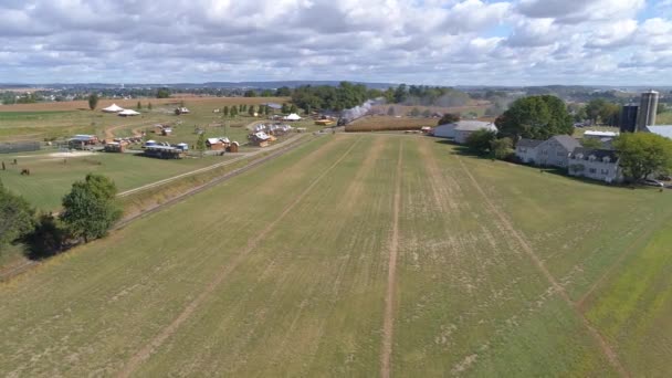 Aerial View Farm Countryside Antique Steam Train Approaching Sunny Partly — Stock Video