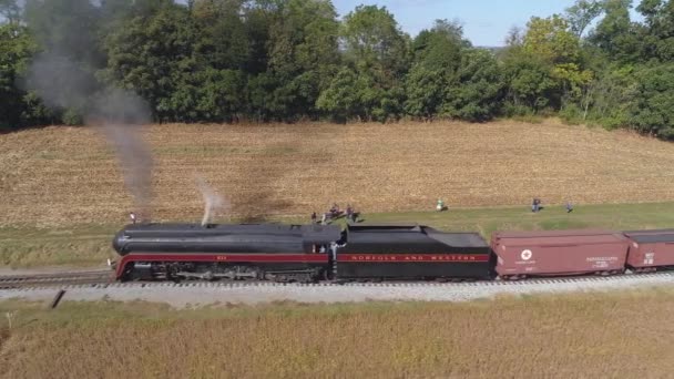 Strasburg Pennsylvania October 2019 Aerial View Antique Steam Engine Pulling — Stock Video