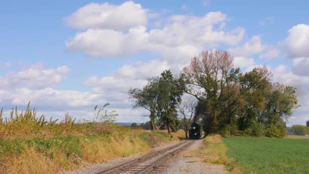 Antique Steam Engine Passenger Cars Approaches Straight View Sunny Autumn — 비디오