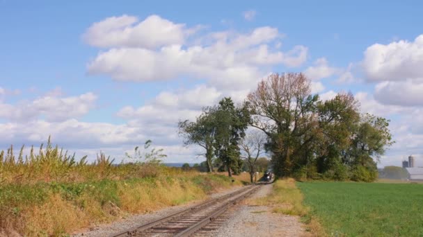 Antique Steam Engine Passenger Cars Approaches Straight View Sunny Autumn — 비디오