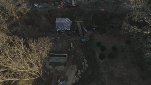 Aerial View Construction Footings Moved Covered Bridge Seen Drone — 비디오