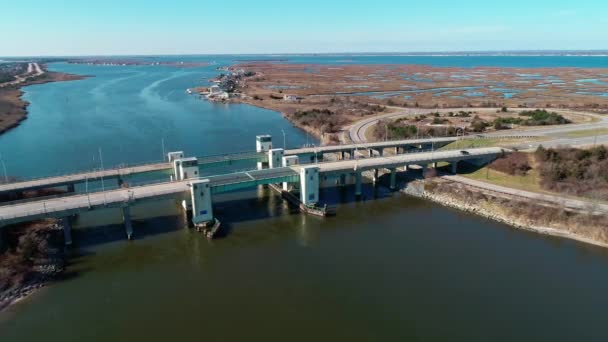 Vista Aérea Long Island South Shore Dibuja Puente Invierno Visto — Vídeos de Stock
