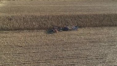 Güneşli bir sonbahar gününde hasatını toplayan beş atlı bir çiftçinin sonbahar mahsulünü hava görüntüsü.