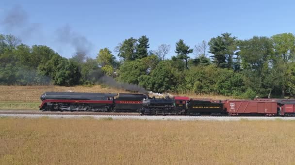 Strasburg Pennsylvania October 2019 Aerial View Two Norfolk Western Steam — Stock Video