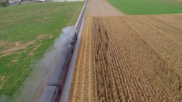 Antika Yenilenmiş Buhar Treni Nin Hava Görüntüsü Tarım Arazilerinden Geçiyor — Stok video