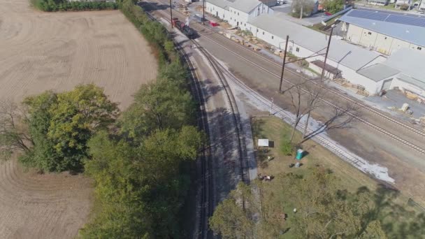 Aerial View Antique Restored Steam Engine Train Yard Steaming Blowing — 비디오