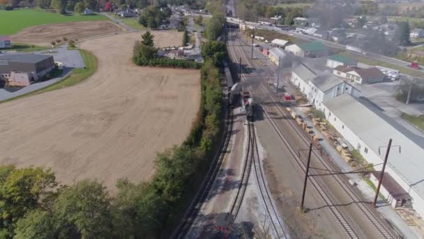 Aerial View Multiple Antique Restored Steam Engines Train Yard Steaming — 비디오