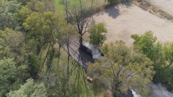 Aerial View Antique Restored Steam Engine Traveling Thru Trees Blowing — Stock Video