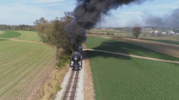 Aerial View Antique Restored Steam Engine Farmlands Blowing Black Smoke — 비디오